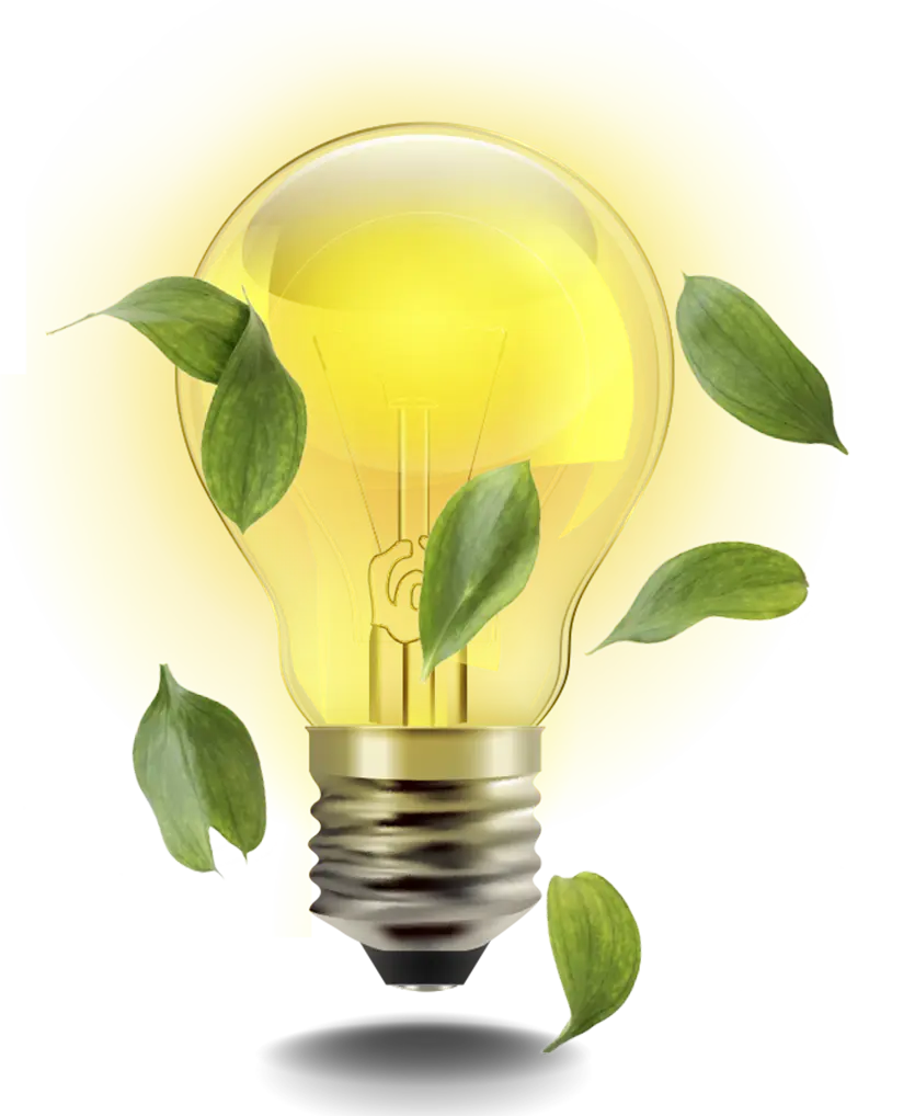 Bombilla amarilla encendida rodeada de hojas verdes que simbolizan ahorro energético, eficiencia y gestión energética sostenible.