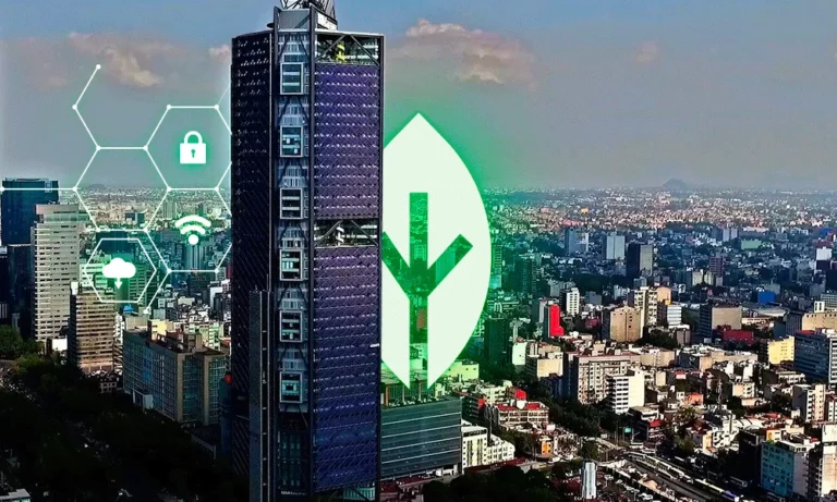 Rascacielos destaca en ciudad con hoja verde iluminada simbolizando sostenibilidad urbana.