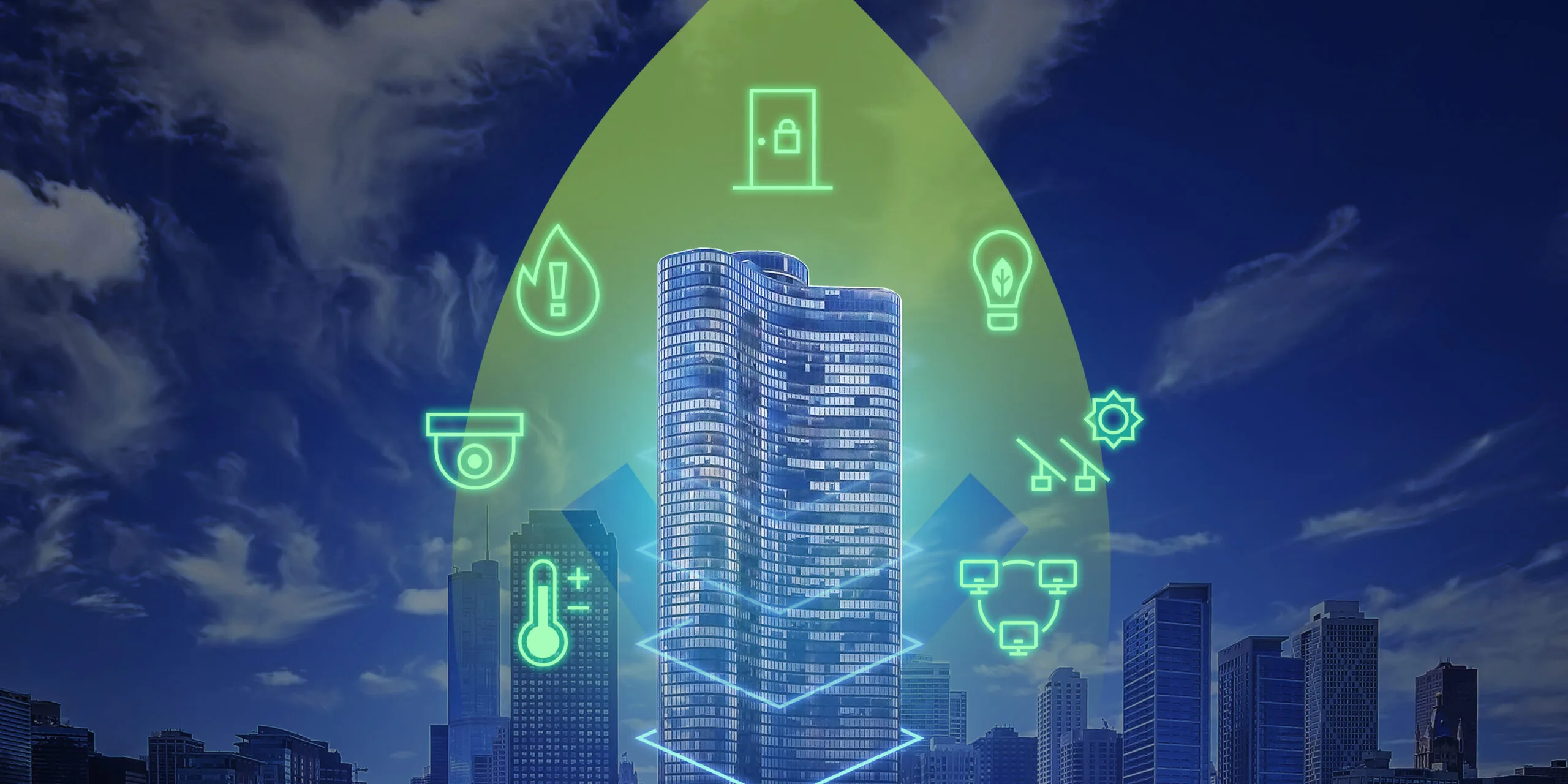 Rascacielos futurista con luz verde simbolizando BMS, eficiencia energética y seguridad electrónica.