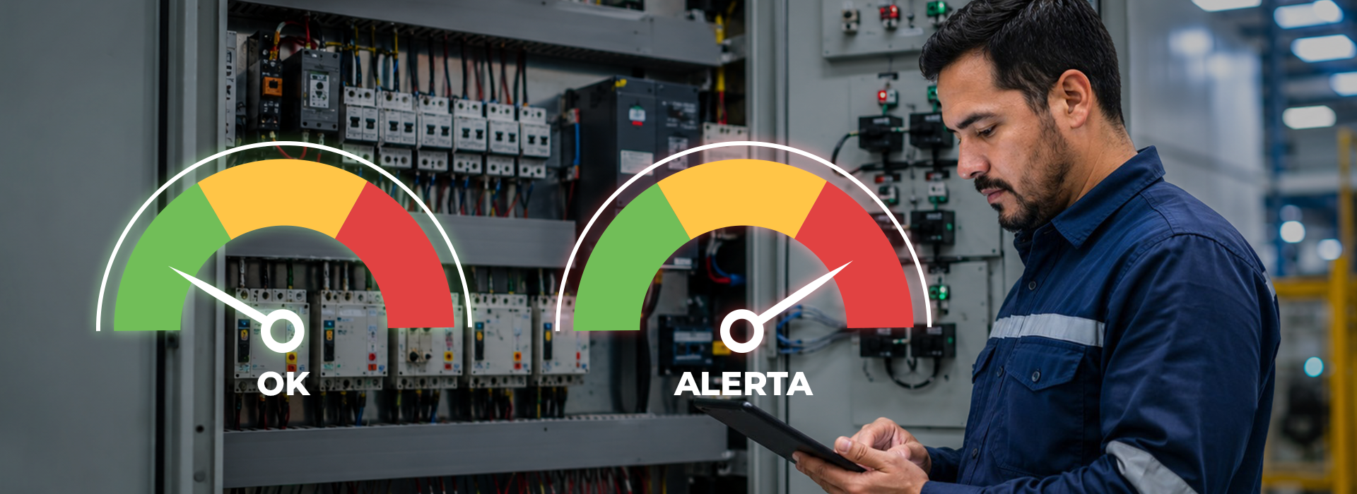 Ingeniero industrial revisando un panel eléctrico con indicadores gráficos de visibilidad energética real en una planta.
